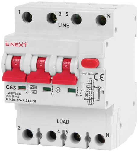 Трехфазный дифавтомат 63А, 30мА, кривая С, тип А, e.rcbo.pro.4.C63.30 Enext - фото 169521