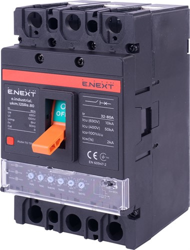 Силовой автомат с электронным расцепителем 80 А, 3-фазный, e.industrial.ukm.125Re.80 Enext - фото 169562