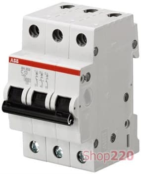 Автоматический выключатель 10А, 3 полюса, уставка B, ABB SH203-B10 - фото 42956
