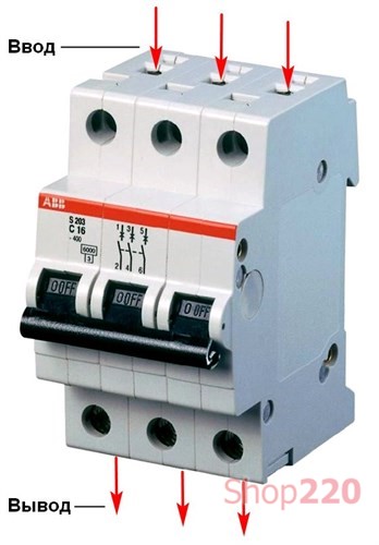 Автоматический выключатель 6А, 3 полюса, уставка C, ABB SH203-C6 - фото 74597