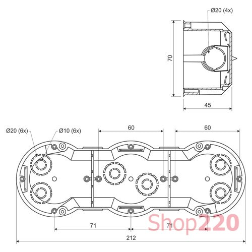 Подрозетник строенный в сплошные стены, KP 64/3 Kopos - фото 74768