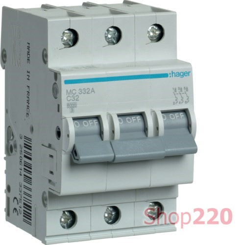 Трехфазный автоматический выключатель 32 А, уставка С, MC332A Hager - фото 74860