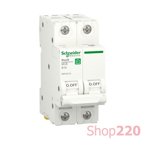 Автоматический выключатель 16А, 2 полюса, уставка В, Resi9 R9F02216 Schneider Electric - фото 80916