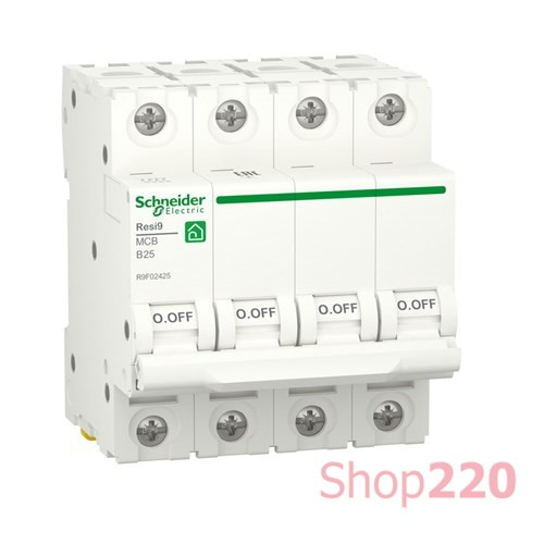 Автоматический выключатель 25А, 4 полюса, уставка В, Resi9 R9F02425 Schneider Electric - фото 80946