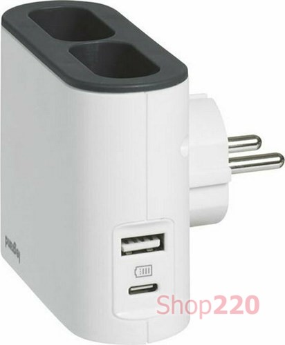 Блок угловой на 2 боковые розетки 6А с USB A+C, белый/серый, 49401 Legrand - фото 90773