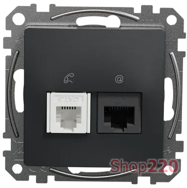 Телефонная и компьютерная розетка RJ11+RJ45 кат. 6 UTP, черный, Sedna Design - фото 97054