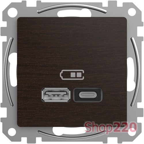 Розетка USB тип A+C 3A, 45W, венге, Sedna Design - фото 97101