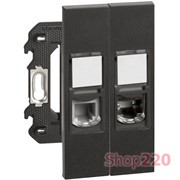 Розетка телефонная/компьютерная RJ11/RJ45 cat6 UTP 2 модуля, черный, Bticino Living Now