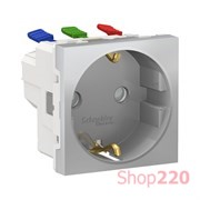 Розетка с заземлением и шторками, алюминий, 2 модуля, Unica New Schneider NU305730