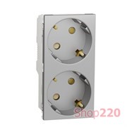 Розетка двойная с заземлением, гнезда 45гр., алюминий, Unica New Schneider NU306730A