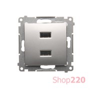 Розетка USB для зарядки, двойная, 2.1А, серебро, SIMON54