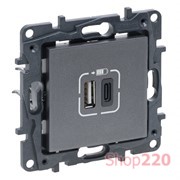 Розетка USB тип А+C 12Вт+15Вт 5В, сталь, Niloe Step Legrand