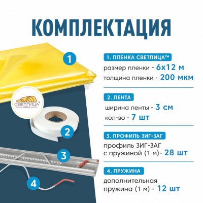 Комплект для монтажа пленки на теплицу 3х8м, пленка СВЕТЛИЦА™ 200 мкм 6х12м
