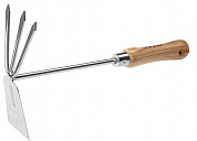 Мотыжка ЗУБР "ЭКСПЕРТ" комбинированная из нерж. стали, деревянная ручка из ясеня, прямое лезвие + 3 зубца, 190х80х330мм