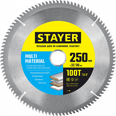 Купить STAYER Multi Material, 250 х 32/30 мм, 100Т, супер чистый рез, пильный диск по алюминию и пластику (3685-250-32-100) в интернет-магазине zubr-vrn в Воронеже