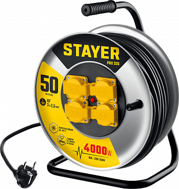 Купить STAYER PRO-325, КГ, 3 х 2.5 мм2, 50 м, 4000 Вт, IP44, силовой удлинитель на стальной катушке (55076-50) в интернет-магазине zubr-vrn в Воронеже