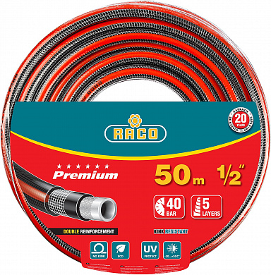 Купить RACO PREMIUM, 1/2″, 50 м, 40 атм, пятислойный, усиленный двумя слоями армирования, поливочный шланг (40300-1/2-50) в интернет-магазине zubr-vrn в Воронеже