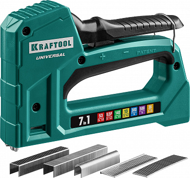 Купить KRAFTOOL Universal, 7-в-1: 53 (A/10/JT21) 23GA (6 - 14 мм)/140 (G/11/57) 20GA (8 - 14 мм)/13/53F/36/500, универсальный легкий степлер (31524) в интернет-магазине zubr-vrn в Воронеже