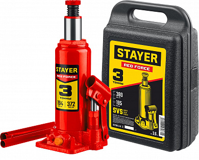 Купить STAYER RED FORCE, в кейсе, 3 т, 194 - 375 мм, бутылочный гидравлический домкрат, Professional (43160-3-K) в интернет-магазине zubr-vrn в Воронеже