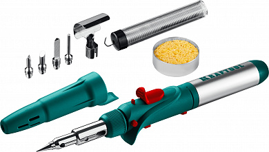 Купить KRAFTOOL SolderGas, 120 K, 30 - 120 Вт, 1300°С, горелка, фен, пьезоподжиг, набор 10 в 1, газовый паяльник (55503-H10) в интернет-магазине zubr-vrn в Воронеже