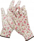 Садовые перчатки GRINDA, прозрачное PU покрытие, 13 класс вязки, бело-розовые, размер L