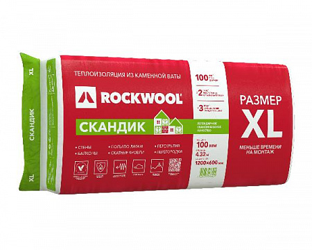 Теплоизоляционная гидрофобизированная плита из каменной ваты Rockwool Лайт Баттс Скандик 100XL, 1200х600, упаковка 0,432 м3 (6 плит)