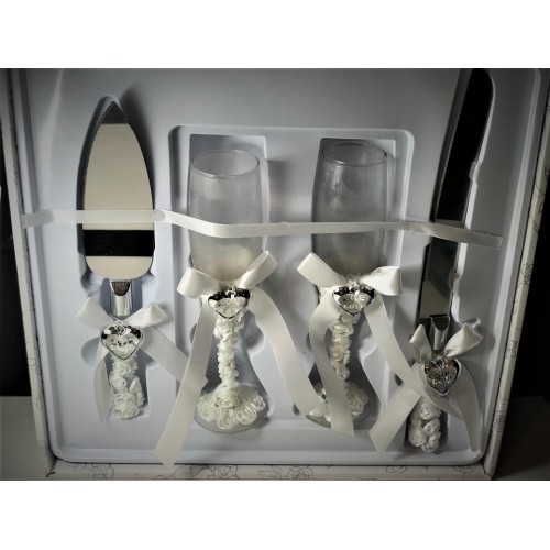 Set cadou nunta pahare sampanie, ustensile pentru tort