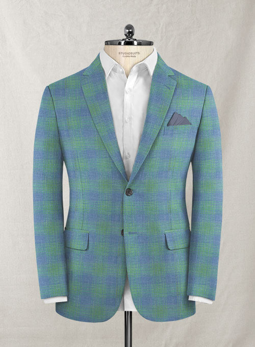 Italian Murano Blue Green Checks Wool Linen Suit