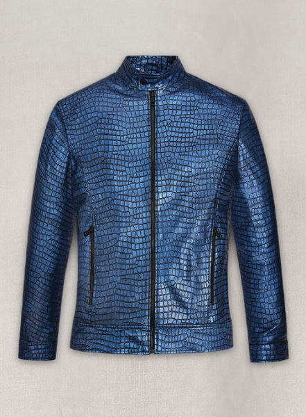 Gleaming Croc Metallic Blue Leather Jacket