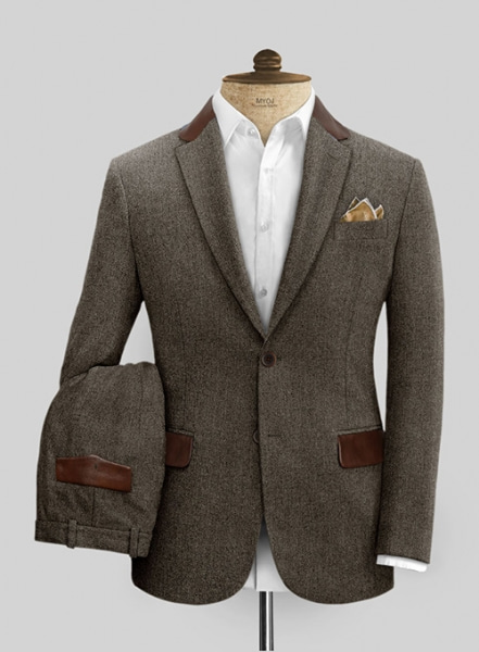 Vintage Dark Brown Herringbone Tweed Suit - Leather Trims