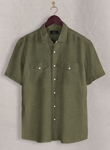 European Woodland Green Linen Western Style Shirt - Half Sleeves
