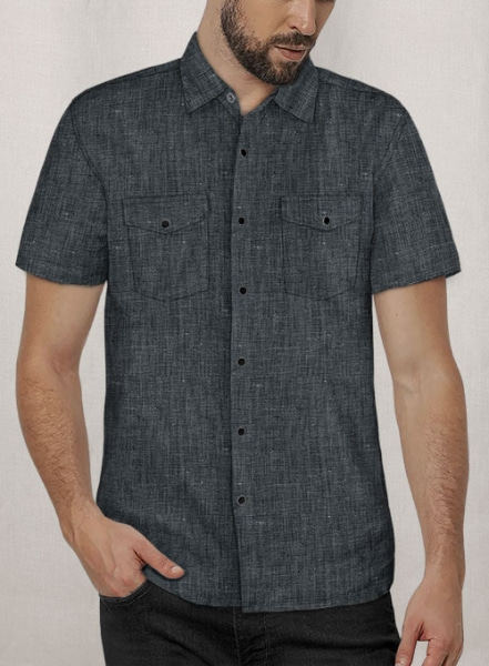 European Ash Gray Linen Western Style Shirt - Half Sleeves
