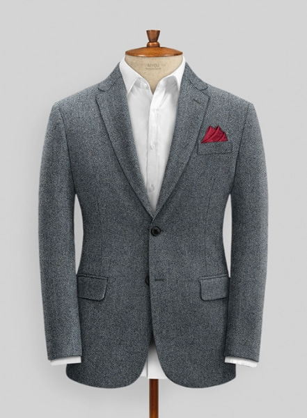 Mid Blue Herringbone Flecks Donegal Tweed Jacket