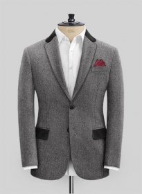 Vintage Herringbone Gray Tweed Jacket - Leather Trims