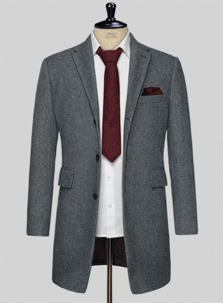 Mid Blue Herringbone Flecks Donegal Tweed Overcoat