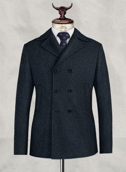 Harris Tweed Dark Blue Herringbone Pea Coat