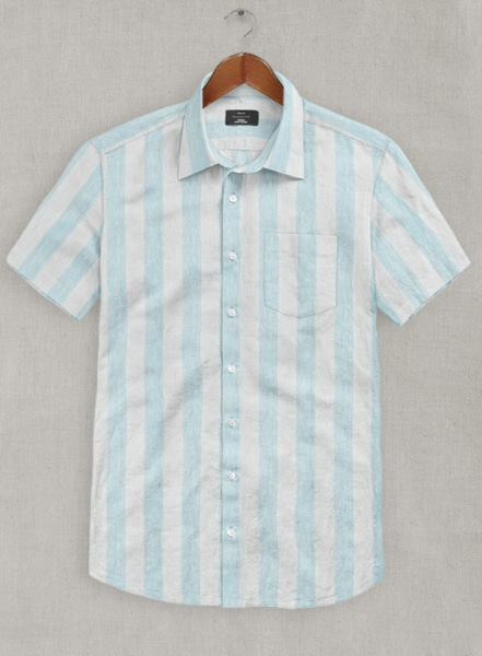 Dublin Blue Wide Stripe Linen - Half Sleeves