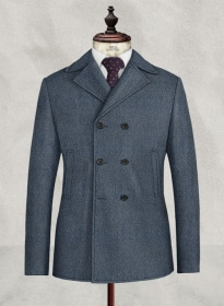 Harris Tweed Wide Herringbone Blue Pea Coat