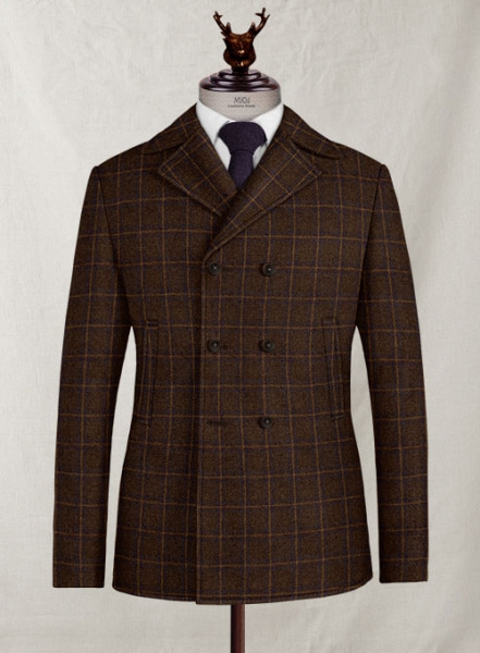 Italian Fulvia Brown Checks Tweed Pea Coat