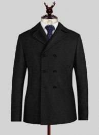 Vintage Plain Black Tweed Pea Coat