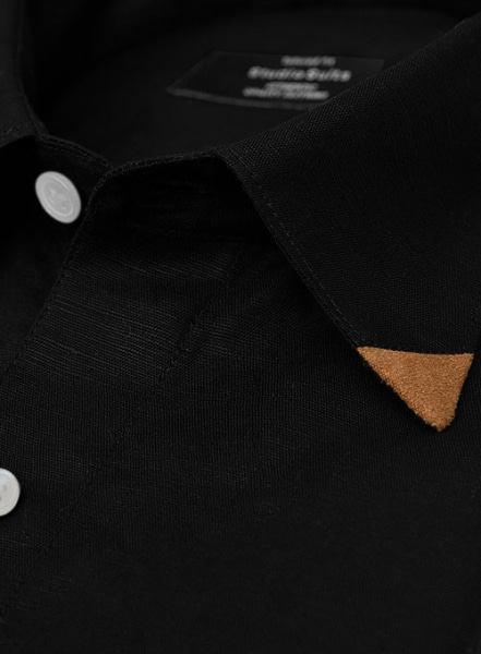 Pure Black Linen Leather Trim Shirt - Full Sleeves