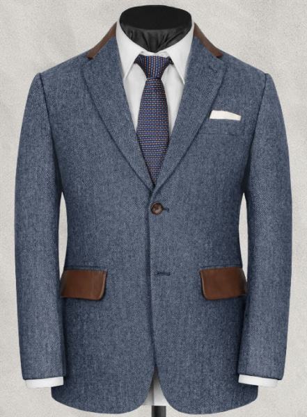 Vintage Herringbone Blue Tweed Suit - Leather Trims