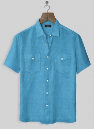 European Blue Linen Western Style Shirt - Half Sleeves