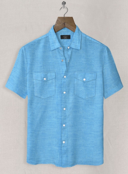 European Blue Linen Western Style Shirt - Half Sleeves