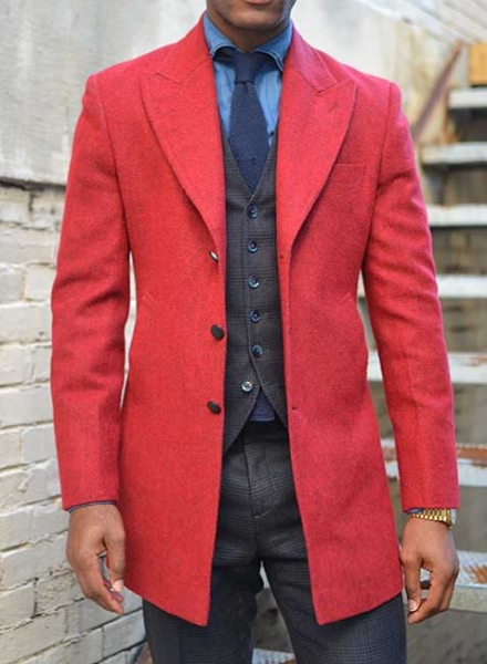 Red Tweed Long Coat : Made To Measure Custom Jeans For Men & Women ...