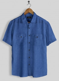 European Sapphire Blue Linen Western Style Shirt - Half Sleeves