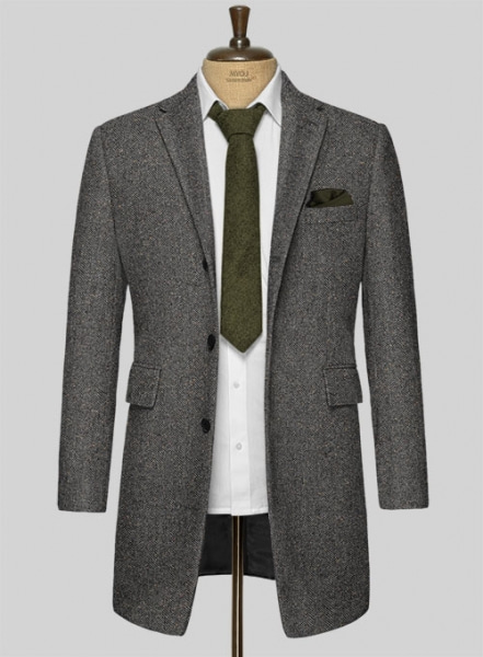 Gray Herringbone Flecks Donegal Tweed Overcoat