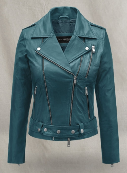 Prussian Blue Washed & Wax Jessica Alba Leather Jacket #2