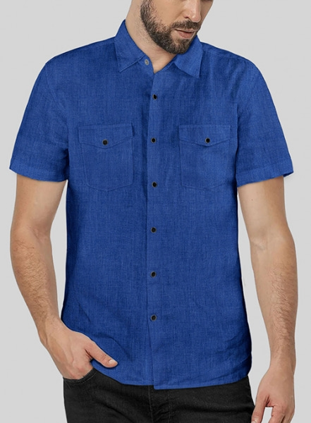 European Sapphire Blue Linen Western Style Shirt - Half Sleeves