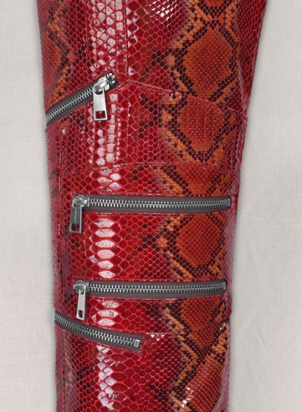 Bold Red Python Electric Zipper Mono Leather Pants